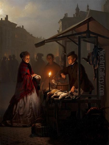 At The Poultry Stall On The Groenmarkt, The Hague Oil Painting by Petrus van Schendel