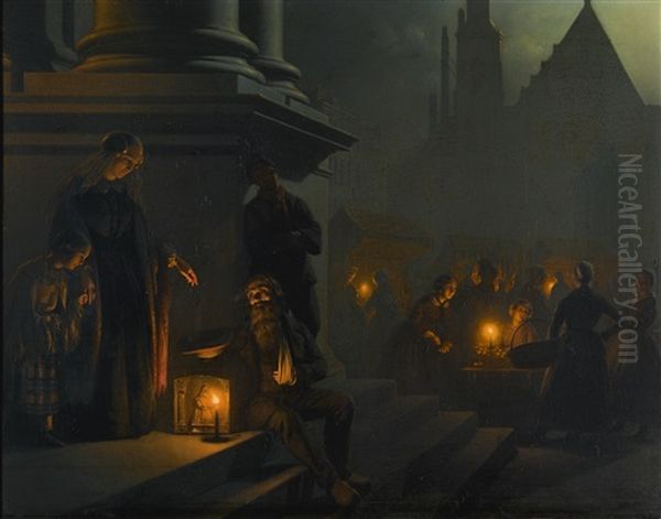 Charity In The Night Market Oil Painting by Petrus van Schendel