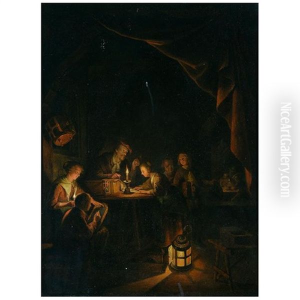 Studying By Candle Light Oil Painting by Petrus van Schendel