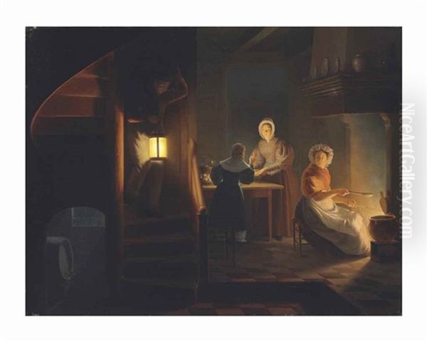 Conversing In The Kitchen Oil Painting by Petrus van Schendel