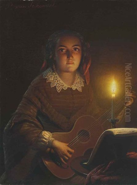 A Girl Playing A Guitar By Candlelight Oil Painting by Petrus van Schendel