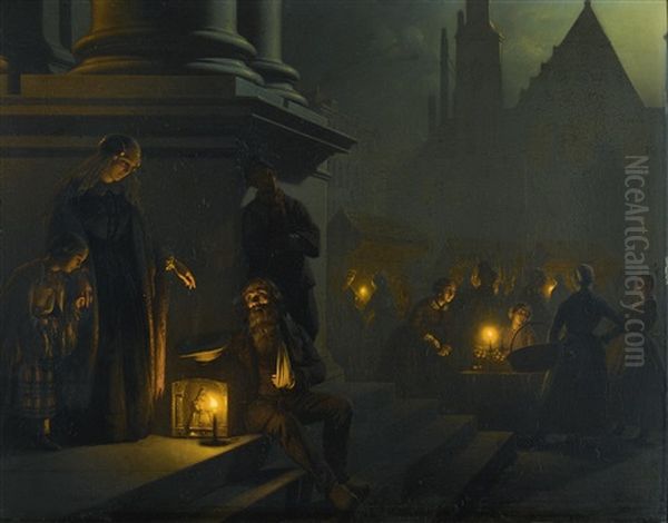 Charity In The Night Market Oil Painting by Petrus van Schendel