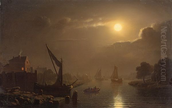 Gegenstucke. Zwei Mondbeschienene Flusslandschaften
Mit Segelbooten Und Figurenstaffage (2 Works) Oil Painting by Petrus van Schendel