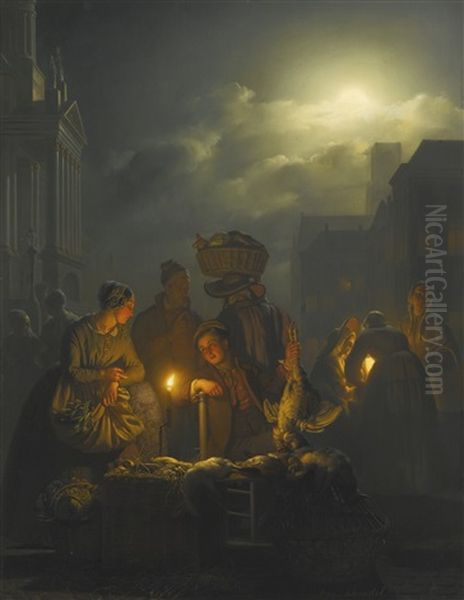 Night Market In The Kaasmarkt, Rotterdam Oil Painting by Petrus van Schendel