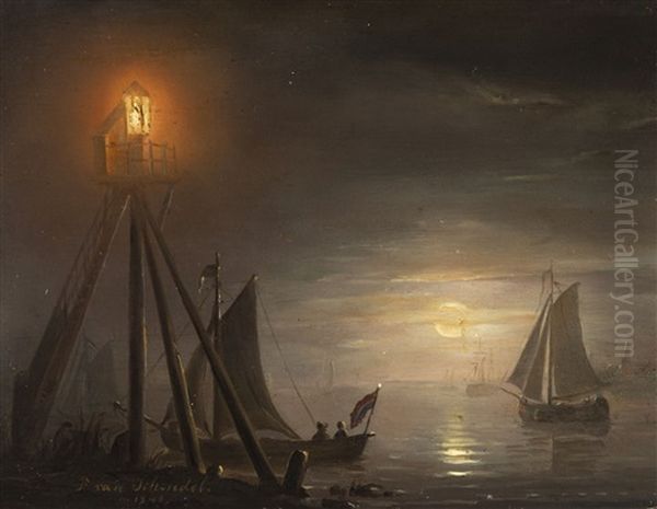 Hafeneinfahrt Bei Mondschein Oil Painting by Petrus van Schendel