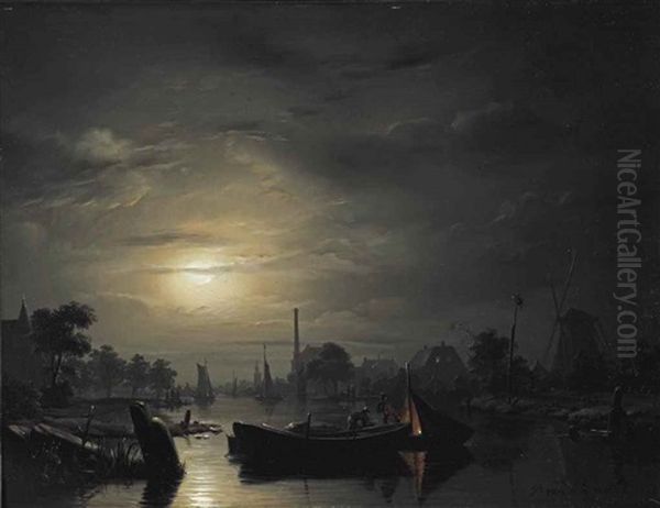 A River Landscape In Silver Moonlight Oil Painting by Petrus van Schendel