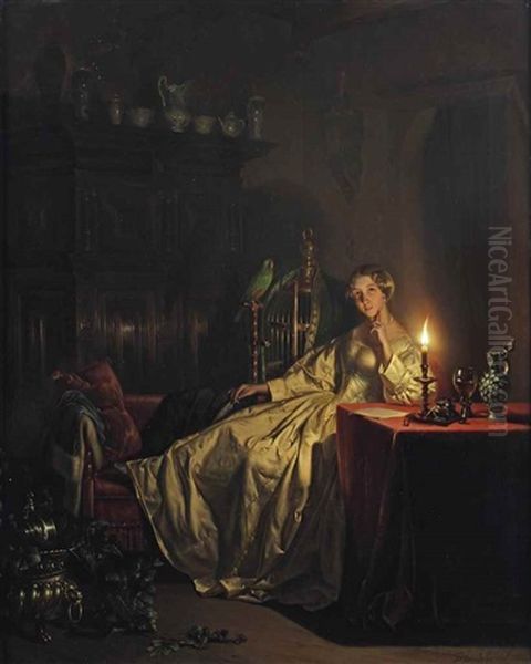 An Interior With An Elegant Lady In A White Satin Gown And A Parrot Oil Painting by Petrus van Schendel