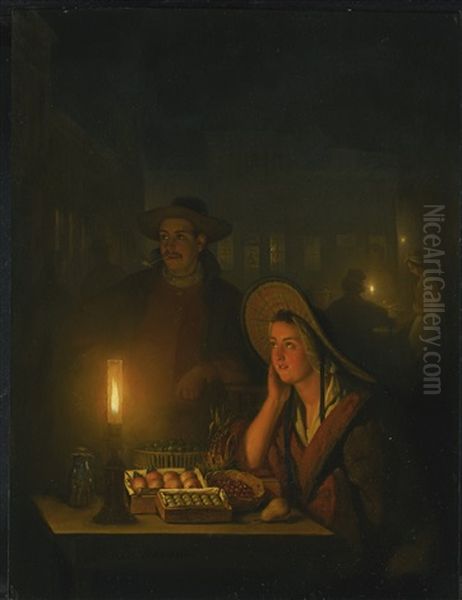 Fruit Sellers By The Light Of A Paraffin Lamp Oil Painting by Petrus van Schendel