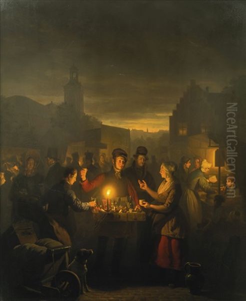 The Noordermarkt By Night, Amsterdam Oil Painting by Petrus van Schendel