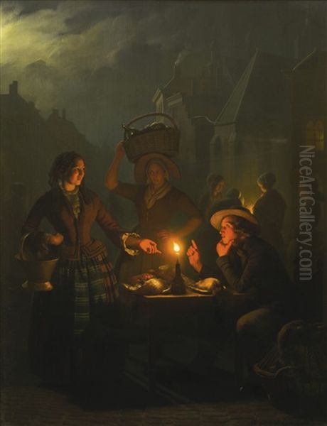 Night Market At The Groenmarkt, The Hague Oil Painting by Petrus van Schendel