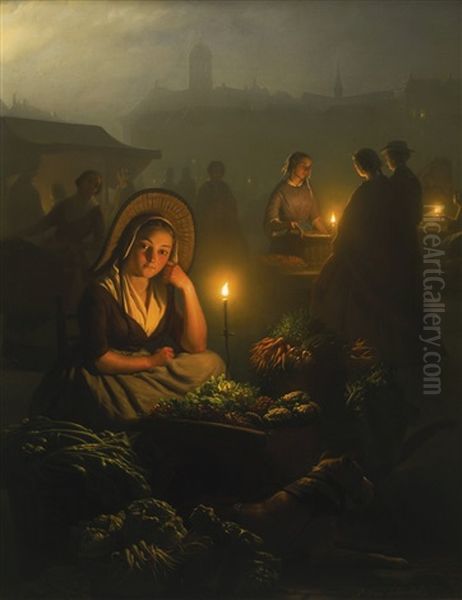 Night-market In Amsterdam, With The Dam Palace And The Nieuwe Kerk In The Background Oil Painting by Petrus van Schendel