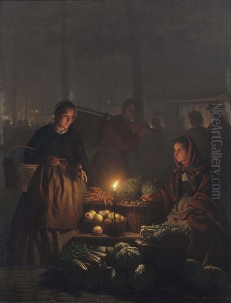 Groentemarkt Bij Avond: A Vegetable Seller Offering Her Wares Oil Painting by Petrus van Schendel