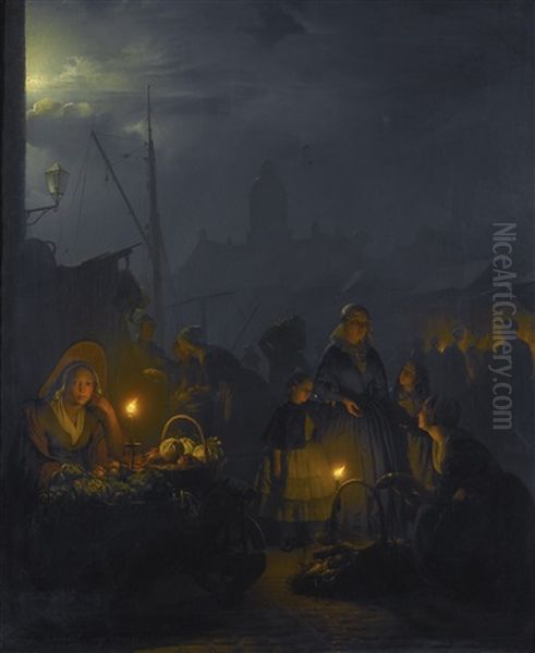 Dutch Market By Moonlight Oil Painting by Petrus van Schendel