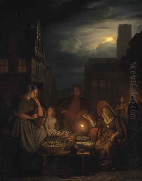 A Nightmarket With A Stallholder Offering Her Wares Oil Painting by Petrus van Schendel