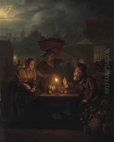 A Stallholder With Fruit, Vegetables And Flowers At A Nightmarket Oil Painting by Petrus van Schendel