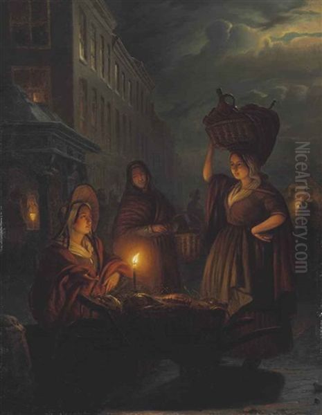 Moonlight Market Oil Painting by Petrus van Schendel