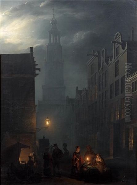 Scene De Marche Nocturne A Amsterdam Oil Painting by Petrus van Schendel