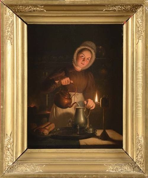 Jeune Fille Preparant Le Repas A La Lueur D'une Bougie Oil Painting by Petrus van Schendel