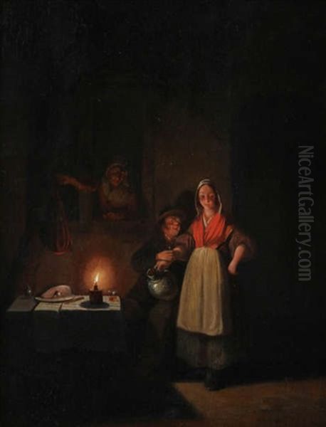 Vieil Homme Et Servante A La Lumiere D`une Bougie Oil Painting by Petrus van Schendel