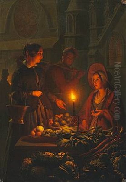 A Dutch Night Market With A Woman Selling Vegetables By Candlelight Oil Painting by Petrus van Schendel