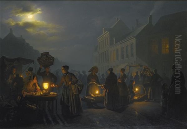 A Market At Dusk Oil Painting by Petrus van Schendel