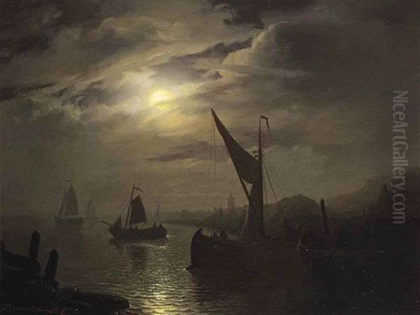 A Moonlit Harbour Oil Painting by Petrus van Schendel