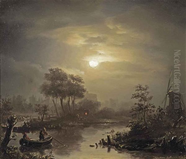 A Moonlit River Landscape, With A Town In The Distance Oil Painting by Petrus van Schendel