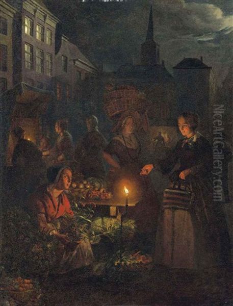 A Moonlit Vegetable Market On De Grote Markt, The Hague Oil Painting by Petrus van Schendel