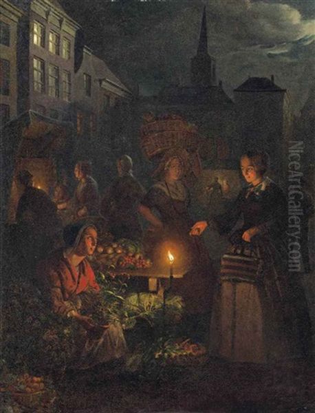 A Moonlit Vegetable Market On De Grote Markt, The Hague Oil Painting by Petrus van Schendel