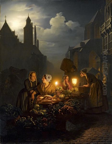 Abendlicher Gemusemarkt, Im Hintergrund Ein Capriccio Von Den Haag Oil Painting by Petrus van Schendel