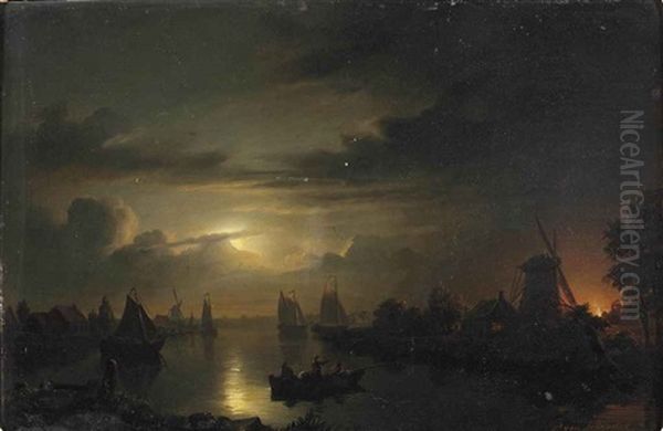 A Moonlit River With A Fire Blazing In The Background Oil Painting by Petrus van Schendel