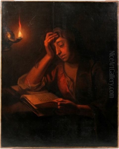 Woman Reading By Candle Light Oil Painting by Petrus van Schendel