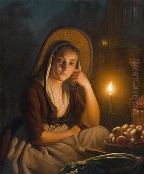 Junge Fruchteverkauferin Bei Kerzenschein Oil Painting by Petrus van Schendel