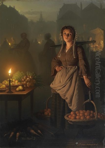 Market By Candlelight Oil Painting by Petrus van Schendel