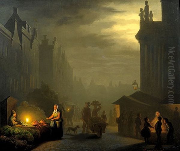 Hollandischer Gemusemarkt Bei Mondschein Oil Painting by Petrus van Schendel