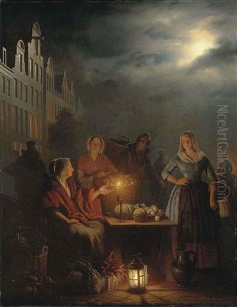 A Moonlit Market Oil Painting by Petrus van Schendel