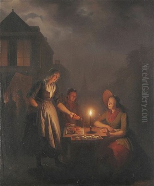 Abendmarkt. Alte Frau Bietet Bei Mondlicht Brotchen Und Apfel An Oil Painting by Petrus van Schendel