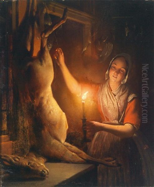 Eine Junge Frau Mit Aufgehangtem Wildpret Oil Painting by Petrus van Schendel