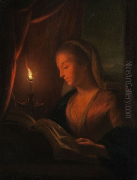 Junge Frau Bei Kerzenlicht In Einem Buch Lesend Oil Painting by Petrus van Schendel