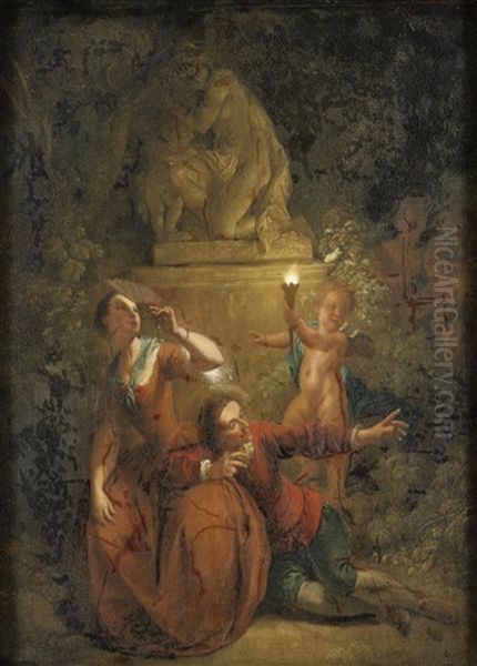 Galant Sallskap Vid Fackelbarande Putto Oil Painting by Petrus van Schendel