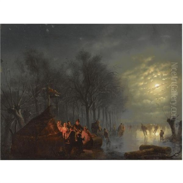 Skaters Near A Koek En Zopie By Moonlight Oil Painting by Petrus van Schendel