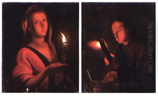 Jeune Fille A La Bougie (+ Jeune Garcon A La Bougie; 2 Works) Oil Painting by Petrus van Schendel