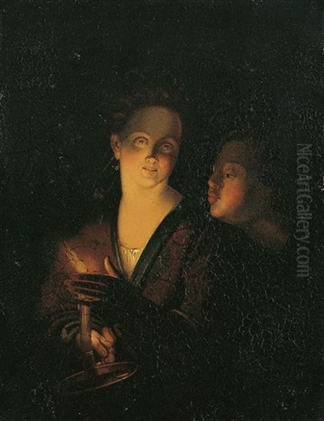 Zwei Madchen Bei Kerzenlicht by Petrus van Schendel