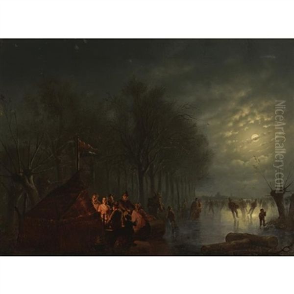 Skaters Near A Koek En Zopie In A Moonlit Landscape Oil Painting by Petrus van Schendel