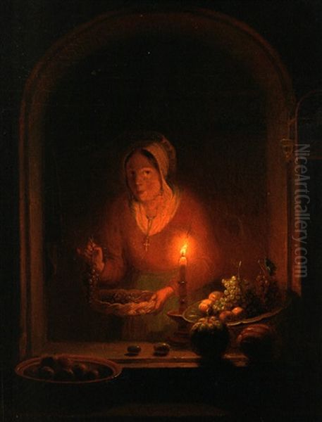 Eine Marktfrau Bietet Unter Einem Fensterbogen Fruchte An Oil Painting by Petrus van Schendel