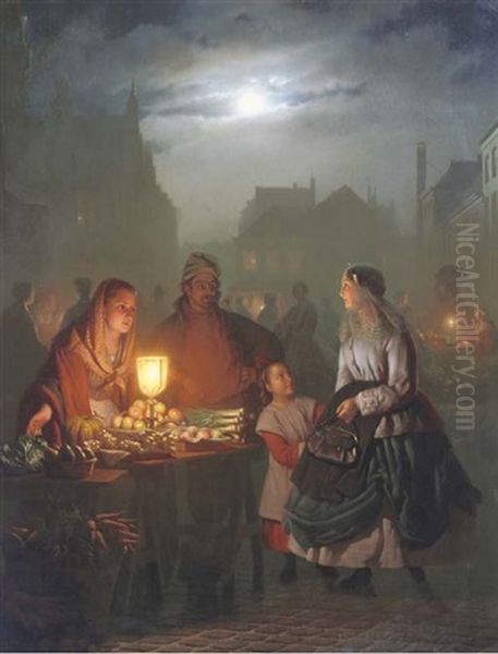 A Vegetable Market By Night On The Groenmarkt, The Hague Oil Painting by Petrus van Schendel