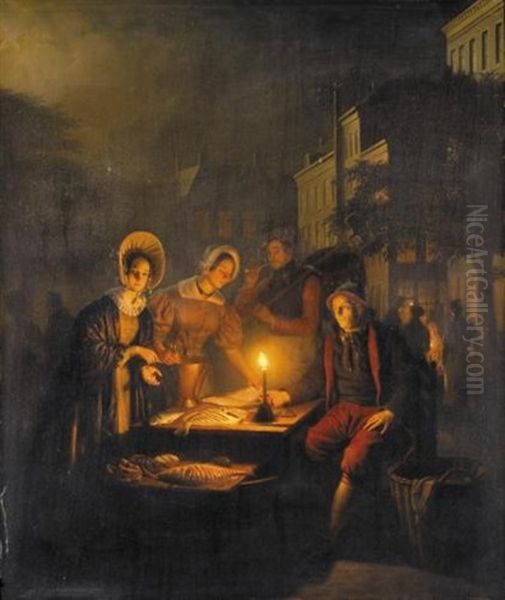 The Fish Market At Dawn (der Fischmarkt In Der Dammerung) Oil Painting by Petrus van Schendel