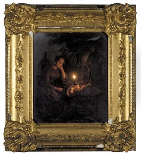 Apple Seller By Candlelight (apfelverkauferin Bei Kerzenlicht) Oil Painting by Petrus van Schendel