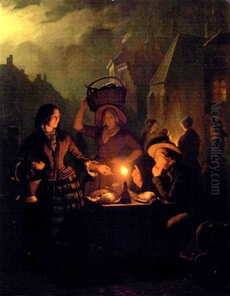 Night Market At The Groenplaats, The Hague Oil Painting by Petrus van Schendel