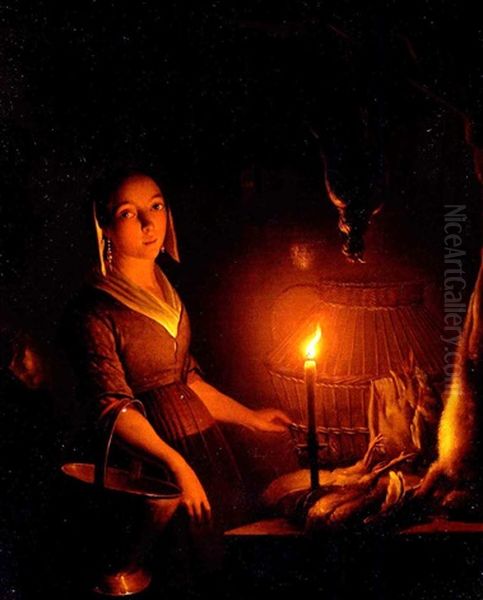 Eine Kochin Mit Wildbret Bei Kerzenlicht Oil Painting by Petrus van Schendel